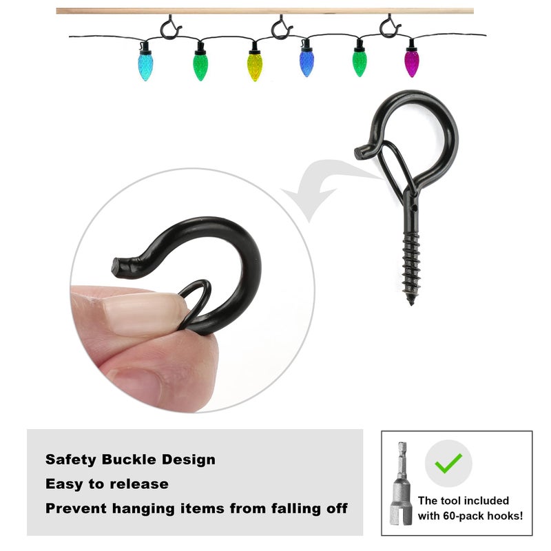 PlusRoc 60 Pack Christmas Light Hooks Outdoor  Q-Hanger Screw Hooks for Plants Decorations  2.2 Inch Black Cup Hook Screw in Hooks Outside Patio Light Hooks  Wall Wood Ceiling Deck Mount - Image 2
